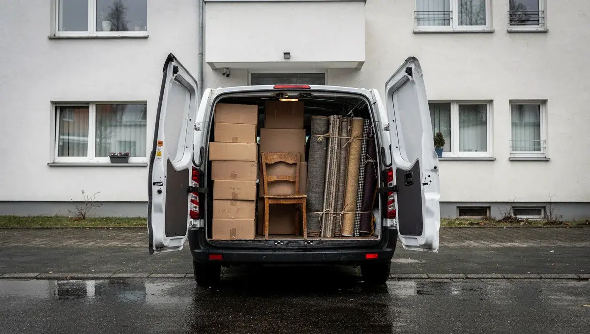 Transporter mit geöffneten Hecktüren, beladen mit Kartons und altem Mobiliar